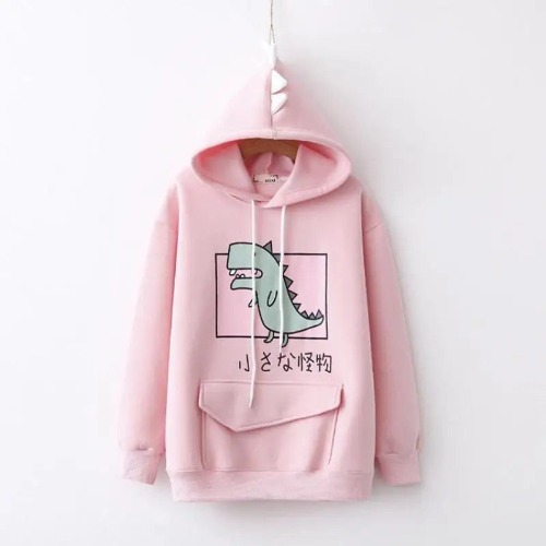 Kawaii Dinosaur Hoodie in Pastel Colors with Cute Japanese Writing - Pink