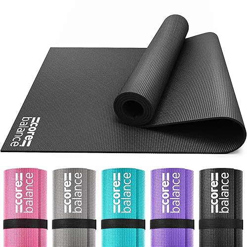 Core Balance Yoga Mat, Thick Foam 6mm, Non Slip, Exercise Fitness Gym, Compact Lightweight With Carry Strap - Black