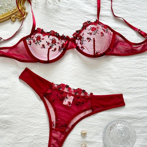 Floral Embroidery Lingerie Set Sheer Bow Tie Unlined Bra Mesh Thong Women's Sexy Lingerie Underwear