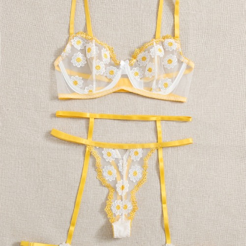 Floral Embroidery Lingerie Set Sexy Mesh Bra Garter Belt Sheer G String Women's Sexy Lingerie Underwear