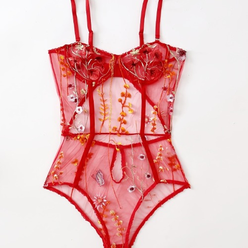 Sexy One piece Floral Embroidery Mesh Teddy See Through Hollow Out Fishnet Bodysuit Women's Sexy Lingerie Underwear