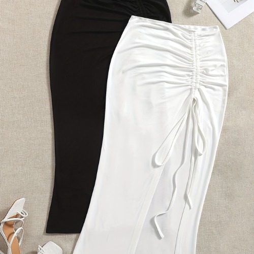 Solid Drawstring Skirts 2 Pack Casual Ruched Bag Hip Midi Skirts Women's Clothing