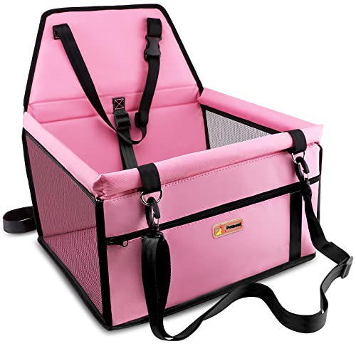 Petbobi Pet Reinforce Car Booster Seat for Dog Cat Portable and Breathable Bag with Seat Belt Dog Carrier Safety Stable for Travel Look Out,with Clip on Leash with PVC Tube, Pink - Pink