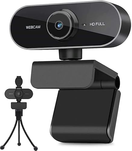 Webcam with Microphone and Tripod for PC, Desktop, Laptop, Plug and Play USB Web Camera with Privacy Cover, 1080P Full HD Webcam for Conference, Studying, Zoom, Skype, Compatible Windows, Mac Android - Black
