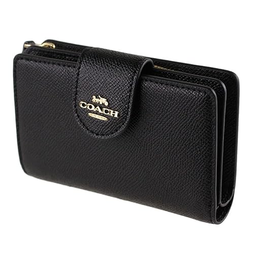 COACH Women's Medium Leather Corner Zip Wallet, Black-Gold, M, Black - Gold, M, Coach Medium Leather Corner Zip Wallet