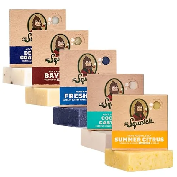 Dr. Squatch All Natural Bar Soap for Men, 5 Bar Variety Pack - Summer Citrus, Coconut Castaway, Fresh Falls, Bay Rum, Deep Sea Goat's Milk - Coastal Conquest