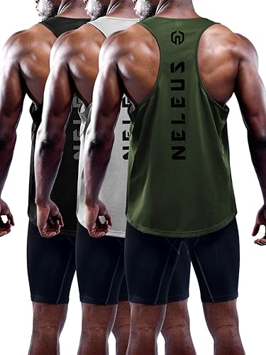 NELEUS Men's 3 Pack Dry Fit Y-Back Muscle Tank Top - Large 5031# 3 Pack: Black,grey,olive Green