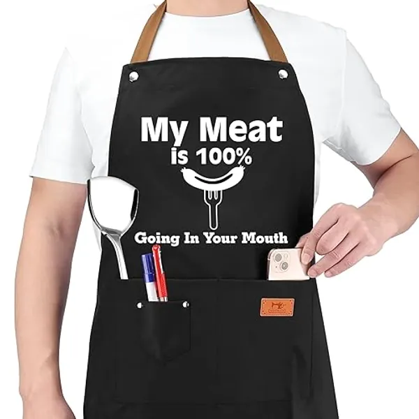Gifts for Boyfriend, Husband Gifts from Wife, Men Birthday Gifts, Valentines Day Gifts for Him, Christmas Gifts for Men, Anniversary Mens Funny Gifts Gag Gifts - Kitchen Chef Apron with Pockets - D - My Meat is 100% Going in Your Mouth