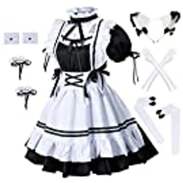 Wannsee Anime French Maid Apron Lolita Fancy Dress Cosplay Costume Furry Cat Ear Gloves Socks set