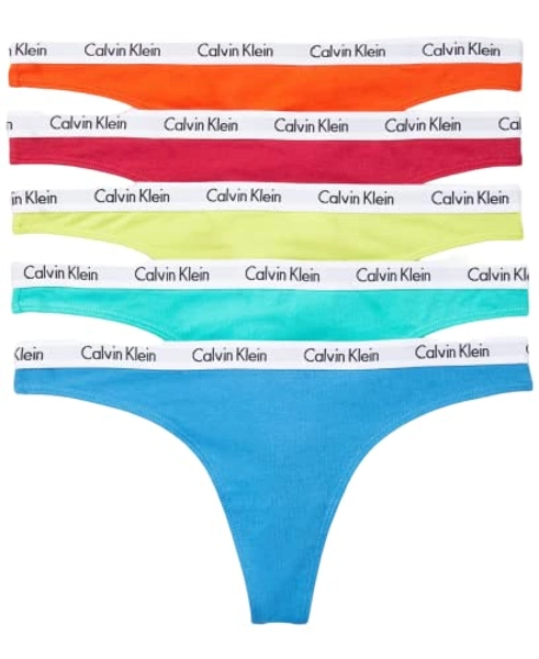 Calvin Klein Women's Carousel Logo Pride Cotton Stretch Thong Panties, 5 Pack - 5 - Cherry Tomato/Persian Red/Lemon Lime/Aqua Green/Blue Ambience - Small