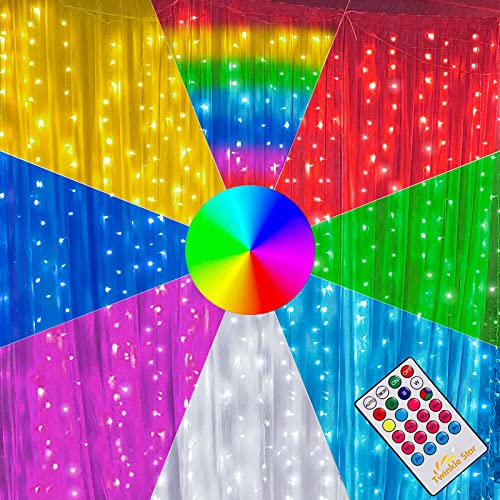 Twinkle Star 300 LED Window Curtain Lights, Christmas Rainbow RGB Color Changing 64 Functional Backdrop Light with Remote, Colorful Icicle String Light for Wedding, Party, Outdoor Indoor Decor - RGB (Red, Green, Blue) - 300 LED