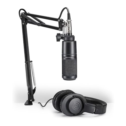 Audio-Technica AT2020PK Vocal Microphone Pack for Streaming/Podcasting, Includes XLR Cardioid Condenser Mic, Adjustable Boom Arm, and Monitor Headphones,Black - AT2020 Streaming/Podcasting Pack - Microphone - Black