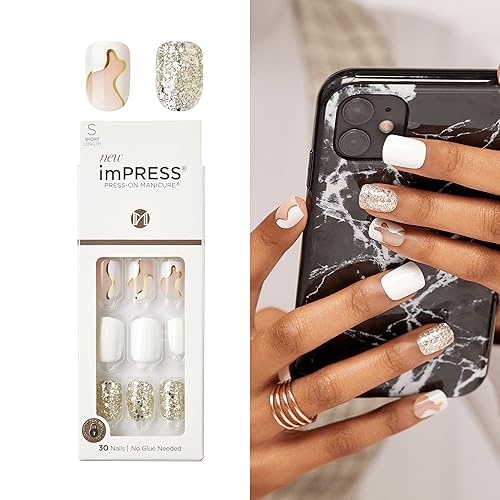 KISS imPRESS No Glue Mani Press On Nails, Design, 'Astound', White, Short Size, Squoval Shape, Includes 30 Nails, Prep Pad, Instructions Sheet, 1 Manicure Stick, 1 Mini File - Multicolor