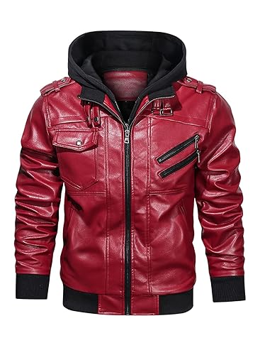 Faux Leather Zip-Up Motorcycle Bomber Jacket With a Removable Hood - Small - Red