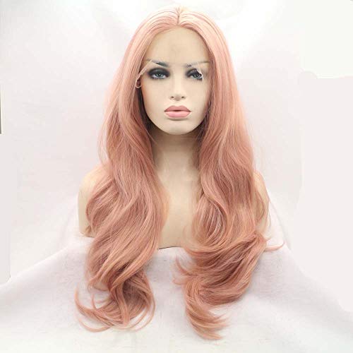 Xiweiya Pink Synthetic Lace Front Wigs For Women Hair Gold Pink Hair Hairstyle Rose Gold Pastel Pink Wig Girls Heat Resistant Fiber Long Wavy Pink Wig Middle Part - rose gold pink