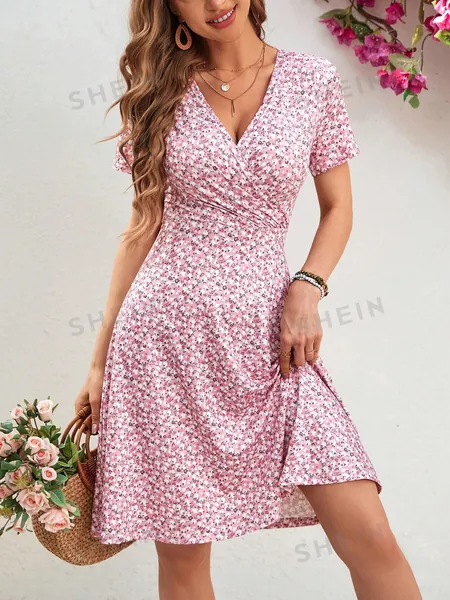 SHEIN VCAY Summer Ladies' Wrap Collar Floral Print Pink Dress