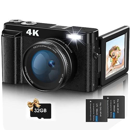 Digital Camera,Jumobuis 4K 48MP Autofocus Vlogging Camera with 32G Memory Card 16X Digital Zoom,Powerful Cameras for Photography with 2 Batteries for YouTube Black - Black