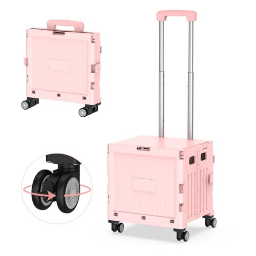 Marketero Shopping Box Trolley on wheels Foldable 4 Wheels 360° Rotate Folding Teacher Trolley Car Heavy Duty 30kg Capacity & Telescopic Handle for Camping Shopping Moving Pink - Pink