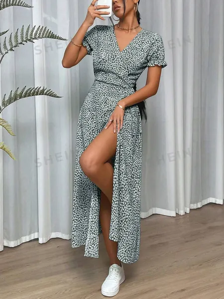 SHEIN VCAY Sping Ditsy Floral Print Knot Side Wrap Long Dress