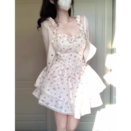 Pure Desire Princess Puffy Suspender Short Skirt Summer First Love Floral Waist Slim A-Line Dress | M