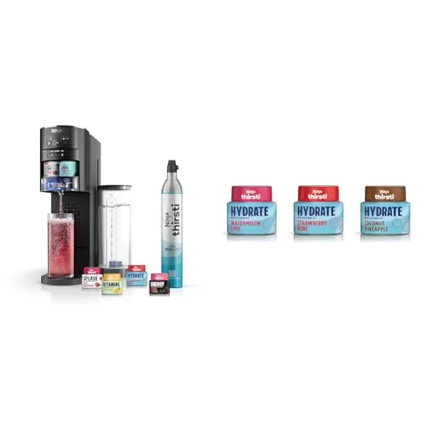 Ninja Thirsti Drink System, Soda Maker, Create Unique Sparkling & Still Drinks, Personalize Size & Thirsti Flavored Water Drops, Hydrate with Electrolytes, Variety Pack, 3 Pack