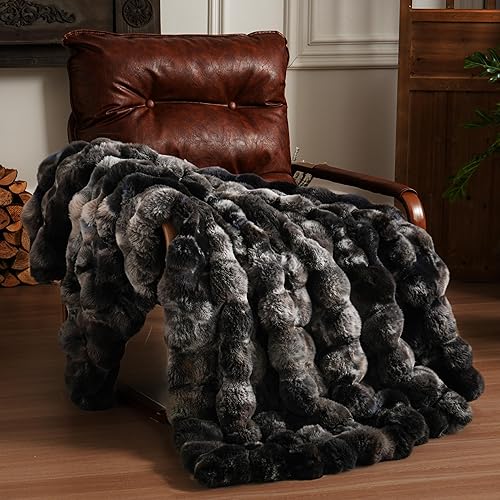 Faux Fur Throw Blanket Soft Plush Fluffy Blanket for Couch Sofa, Thickened Cozy Fuzzy Luxury Bubble Blanket for Bedroom Living Room Decor,Tie-dye Grey,50" x 60",1100GSM - Thickened Throw(50" x 60") - Tie-dye Grey