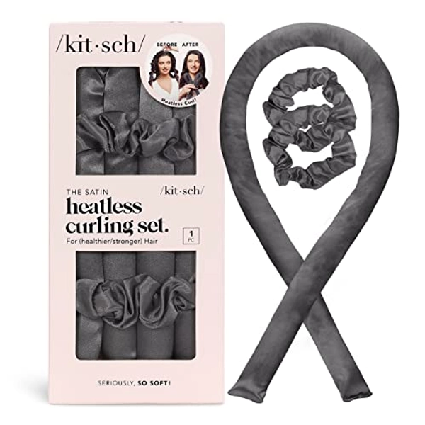 Kitsch Satin Heatless Curling Set - Hair Rollers for Heatless Curls | Heatless Hair Curlers for Overnight Curls | Hair Curlers to Sleep in | Heatless Curling Rod Headband | Heatless Curler - Charcoal