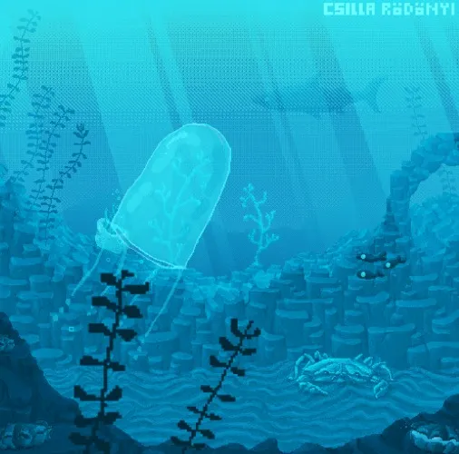 Underwater animated Pixel art starting soon screen with mim & Squim
