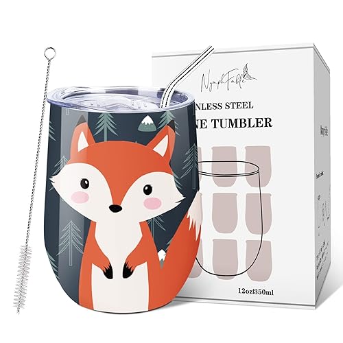 NymphFable 350ml Fox Travel Coffee Mug Insulated Wine Tumbler with Lid and Straw Stainless Steel Fox Coffee Cups - Fox