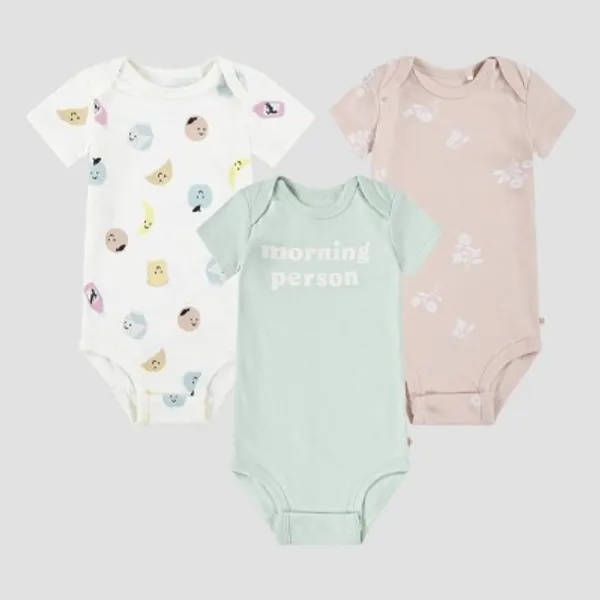 Huggies Baby Girls' 3pk Food & Flowers Organic Bodysuit - Green/Yellow Newborn