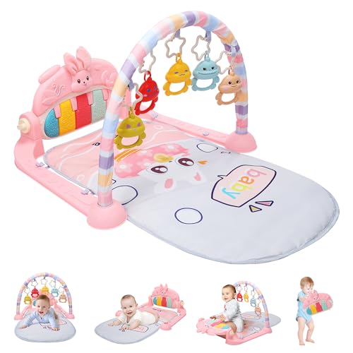 HOLYFUN Baby Play Mat Baby Gym, Play Piano Tummy Time Mat with Activity Gym, 5 Infant Learning Sensory Baby Toys, Perfect Musical Activity Center for Early Development & Entertainment, Pink - Pink