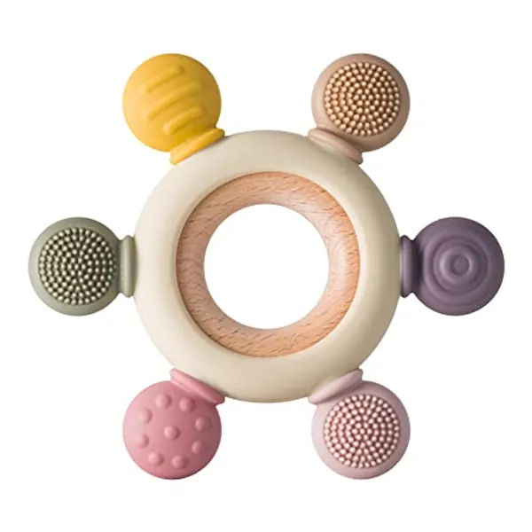 Arudyo Baby Teething Toys Silicone Teethers BPA Free Silicone Rudder with Wooden Ring Soothe Babies Gums (Khaki)