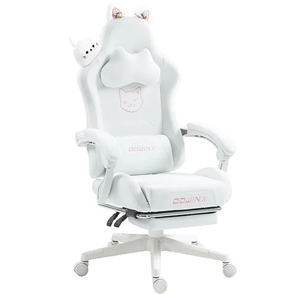 Dowinx Gaming Stuhl - Süße Katze Edition - Ergonomischer Computerstuhl mit Hoher Rückenlehne und Lendenwirbelstütze, PU-Leder, Fußstütze, Weiße Katze - Snow Weiß - Kaninchen