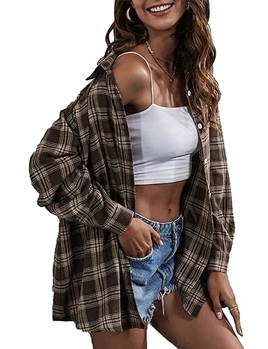 Zontroldy Plaid Flannel Shirts for Women Oversized Long Sleeve Button Down Buffalo Plaid Shirt Blouse Tops - Medium - Coffee