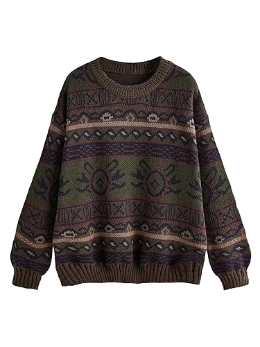 SHENHE Women's Oversized Grunge Punk Geo Print Long Sleeve Drop Shoulder Sweaters Top - Medium - Brown