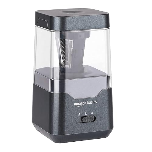 Amazon Basics Portable Electric Pencil Sharpener, Helical Blade, Auto Stop, Battery/USB Cord Operated, Black, 2.87 x 2.87 x 5.3 in