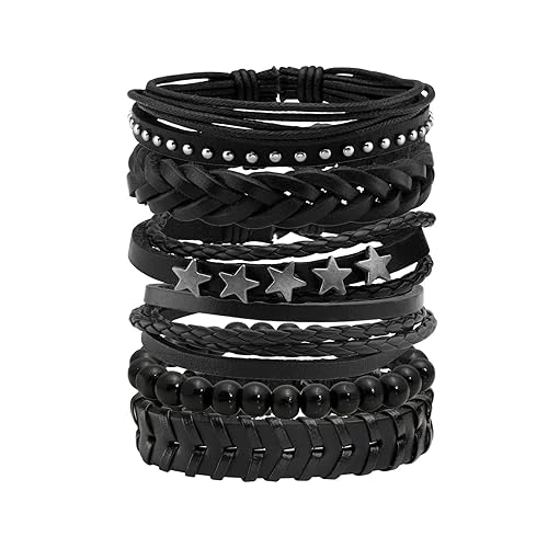 JJDreams 4-10 Pcs Leather Bracelets Set for Women Men Braided Wooden Beads Wrap Cuff Cord Adjustable - A-6PCS