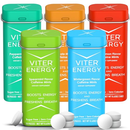 Viter Energy 40mg Caffeine Mints, Sugar Free, B Vitamins, Vegan, Energy & Focus Nootropic Supplement (Variety Flavors, 20pcs, 5 Pack, 120pcs Total)