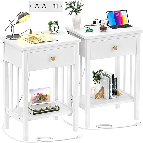 Hoiplu White Nightstand with Charging Station Set of 2, Bamboo Night Stand Bedside Table with 2 USB Port and Outlet, Real Wood End Table Farmhouse Side Table with Drawer for Bedroom, Living Room - White