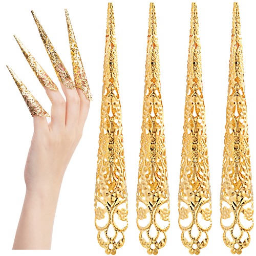ANCIRS 10 Pack Finger Nail Tip Claw Rings, Ancient Queen Costume Fingertip Claw Nail Rings Decoration Accessory, Finger Knuckle Protectors for Halloween Cosplay Drama Dance Show- Golden Color - 10pcs