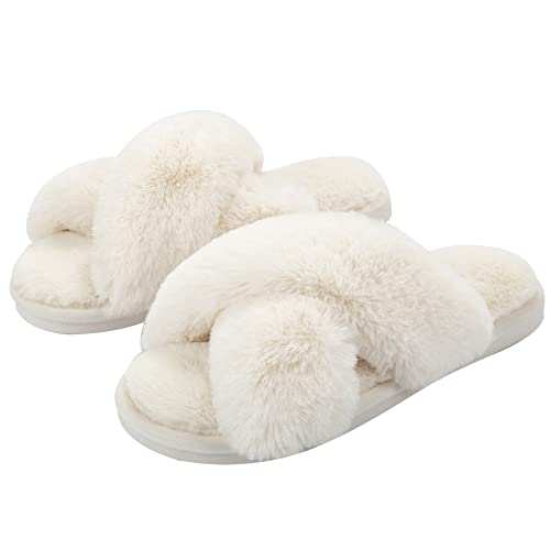 Metog Women's Fuzzy Slippers House Slippers Cross Band Slippers Indoor Outdoor Soft Open Toe Slippers - 9-10 - Beige