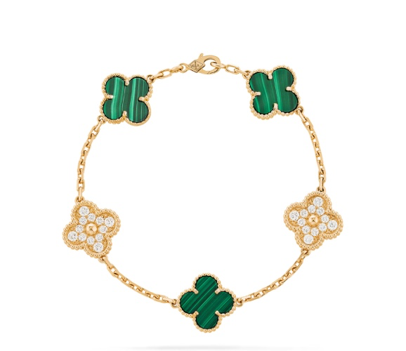 Vintage Alhambra bracelet, 5 motifs 18K yellow gold, Diamond, Malachite