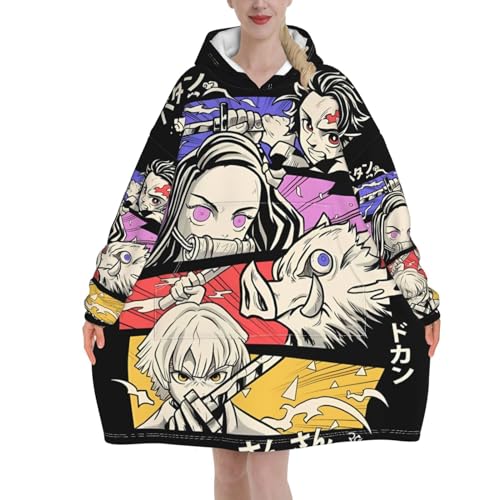Anime Slayer Wearable Blanket Hoodie Thickened Blanket Women'S Pajamas Oversized Soft Flannel Weighted Hoodie - One Size - Black