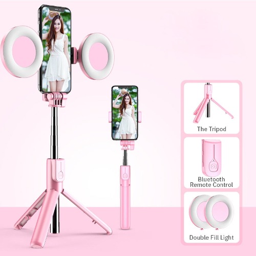 4in1 Wireless Bluetooth Compatible Selfie Stick LED Ring Light - Pink with Light