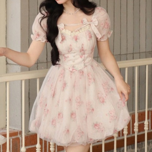 Pink Floral Korean Fashion Mini Dress - Mini Dress / S