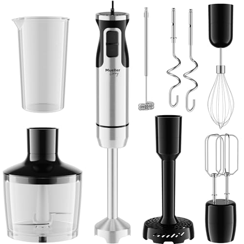 MuellerLiving Hand Blender, Immersion Blender, Hand Mixer with Attachments: Stainless Steel Blade, Whisk, Milk Frother, Beaters, Mixing hooks, Potato masher, Chopper bowl - Blender Stick 7 Accessories