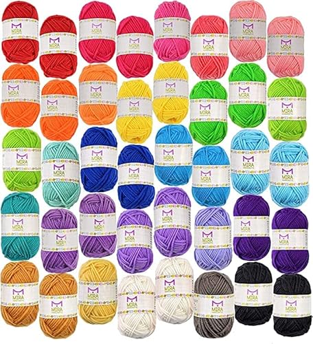 40 Assorted Colors Acrylic Yarn Skeins with 7 E-Books - 875 Yards of Perfect Yarn for Crocheting and Knitting Mini Project - by Mira HandCrafts - 40 Yarn Balls x 10g