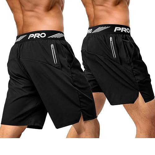 aquota 2er Pack 9" 5" Herren Sport Shorts Trainingsshorts Laufshorts Sporthose Laufhose Jogginghose Kurze Schnell Trocknend Reißverschlusstasche - S - Schwarz
