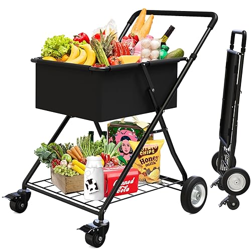 [2024New] Shopping Cart with Wheels, Folding Shopping Cart for Groceries, Waterpoof Grocery Cart Liner, Portable Heavy Duty Utility Cart for Shopping, Grocery, Laundry - Extra Large