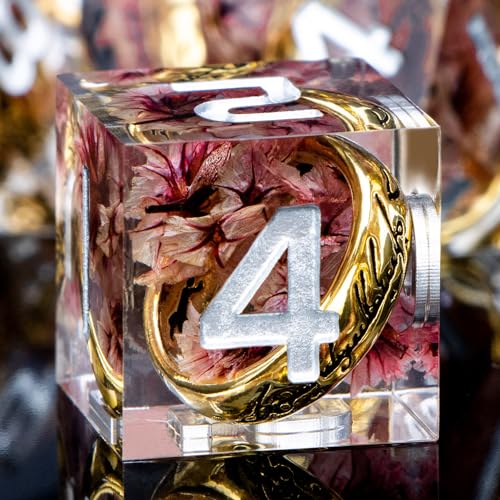 ORIFANTOU Magic Lord of The Rings DND Dice Set Sharp Edge Resin Dice with Case, Pink Flower D&D Dice RPG Role Playing Games, Dungeons and Dragons D and D Dice Polyhedral Dice Set D20 D12 D10 D8 D6 - Ring-flower-1
